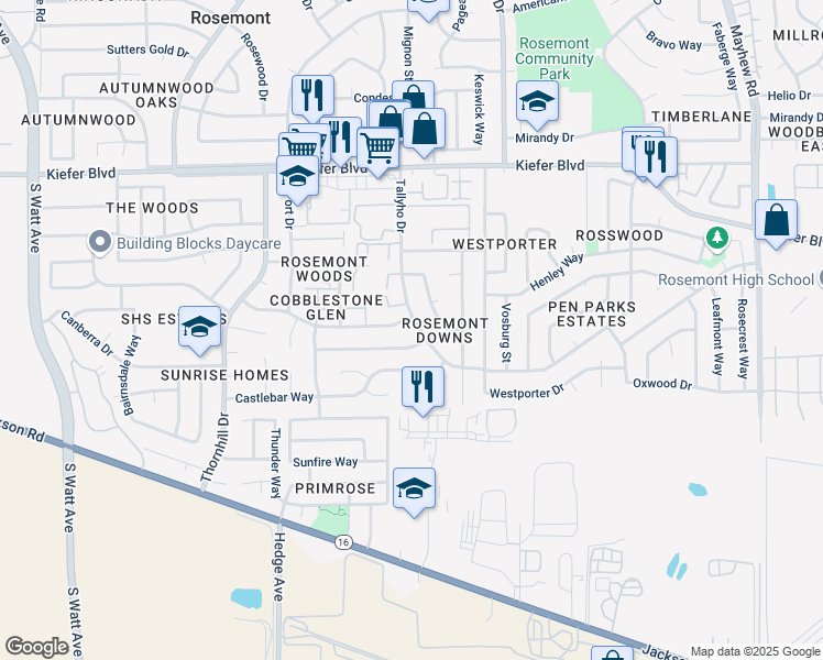 map of restaurants, bars, coffee shops, grocery stores, and more near 3963 Tallyho Drive in Sacramento