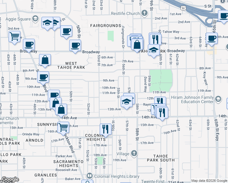 map of restaurants, bars, coffee shops, grocery stores, and more near 3500 55th Street in Sacramento