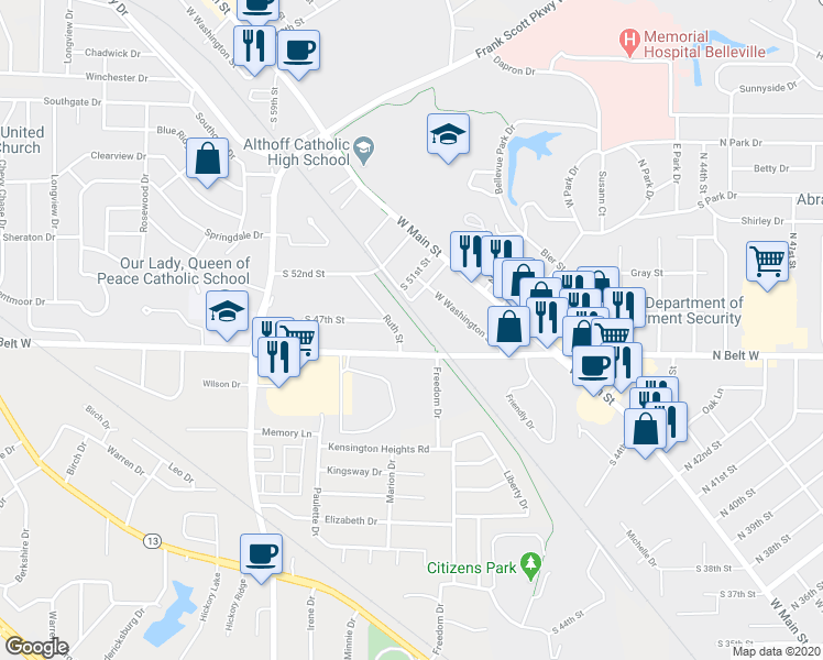 map of restaurants, bars, coffee shops, grocery stores, and more near 4607 Ruth Street in Swansea