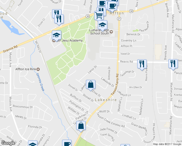 map of restaurants, bars, coffee shops, grocery stores, and more near 10080 Lakeside Drive in St. Louis