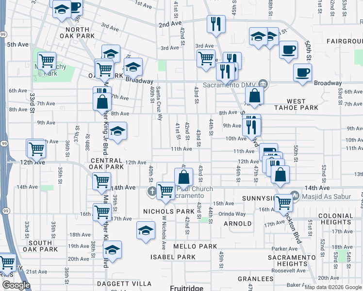 map of restaurants, bars, coffee shops, grocery stores, and more near 4141 11th Avenue in Sacramento