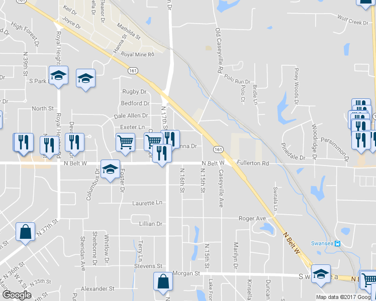 map of restaurants, bars, coffee shops, grocery stores, and more near 1516 Donna Drive in Swansea