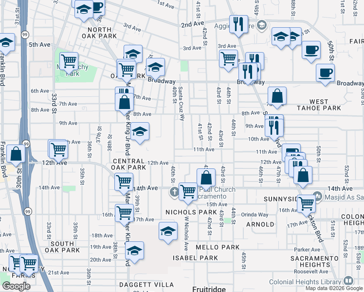map of restaurants, bars, coffee shops, grocery stores, and more near 3531 Santa Cruz Way in Sacramento