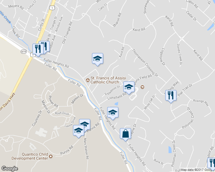 map of restaurants, bars, coffee shops, grocery stores, and more near 3777 Katie Place in Triangle