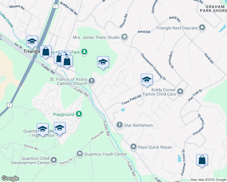 map of restaurants, bars, coffee shops, grocery stores, and more near 3777 Katie Place in Triangle