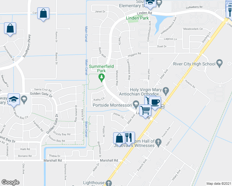 map of restaurants, bars, coffee shops, grocery stores, and more near Call Ct in West Sacramento