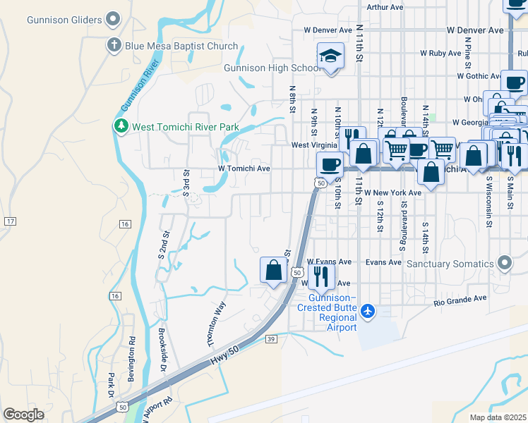 map of restaurants, bars, coffee shops, grocery stores, and more near 356-398 South 6th Street in Gunnison