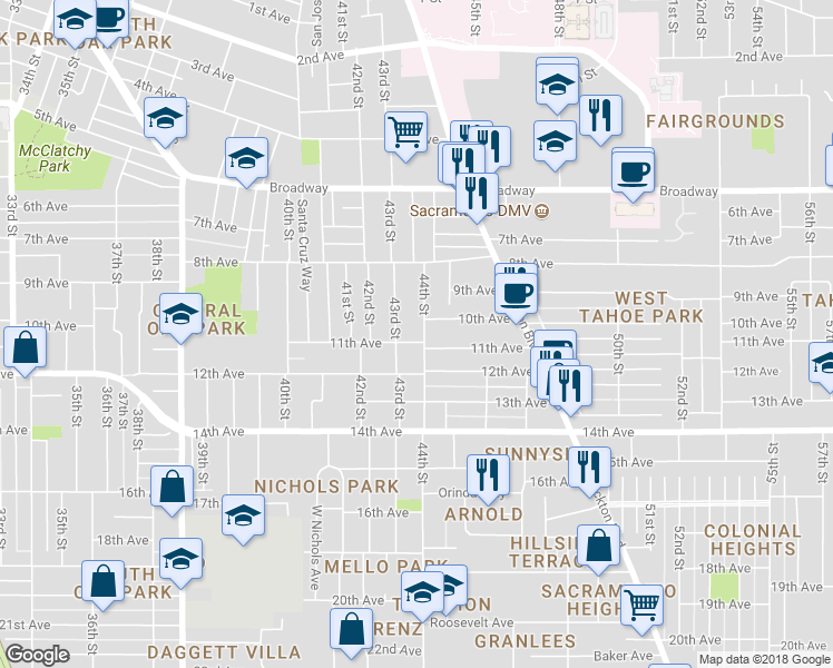map of restaurants, bars, coffee shops, grocery stores, and more near 4416 10th Avenue in Sacramento