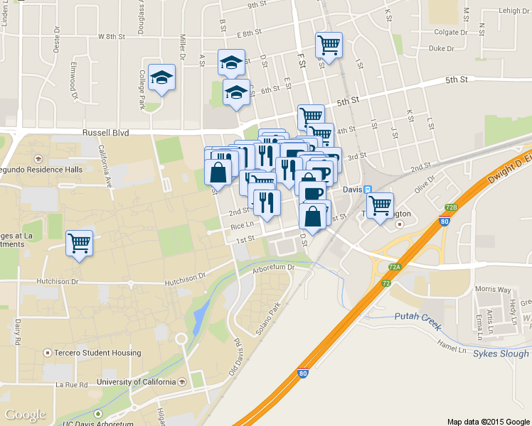 map of restaurants, bars, coffee shops, grocery stores, and more near 123 Lincoln Highway in Davis
