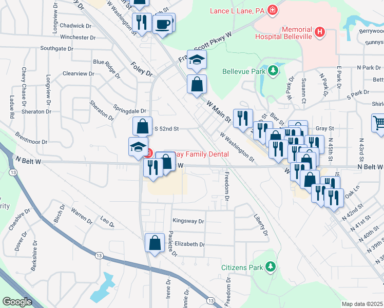 map of restaurants, bars, coffee shops, grocery stores, and more near 400 South 47th Street in Belleville