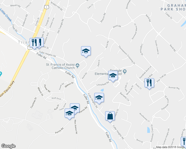 map of restaurants, bars, coffee shops, grocery stores, and more near 3781 Katie Place in Triangle