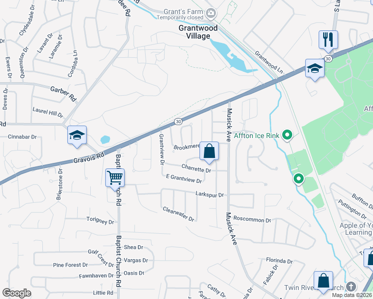 map of restaurants, bars, coffee shops, grocery stores, and more near 10706 Brookmere Drive in St. Louis