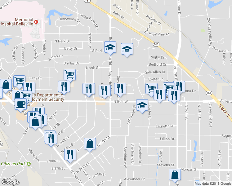 map of restaurants, bars, coffee shops, grocery stores, and more near 617 Devonshire Drive in Belleville