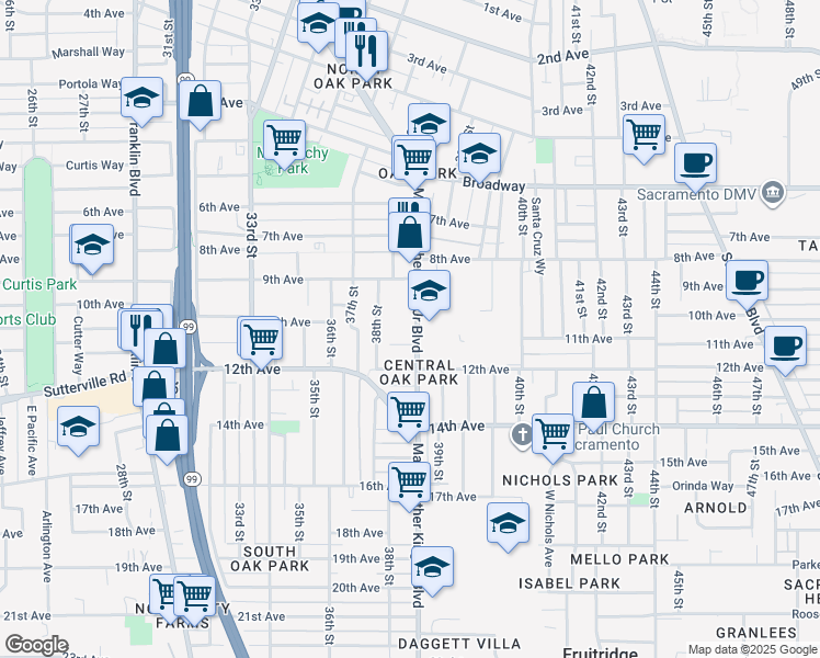 map of restaurants, bars, coffee shops, grocery stores, and more near 3544 Martin Luther King Junior Boulevard in Sacramento