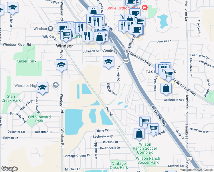 map of restaurants, bars, coffee shops, grocery stores, and more near 1143 ENZOS Way in Windsor