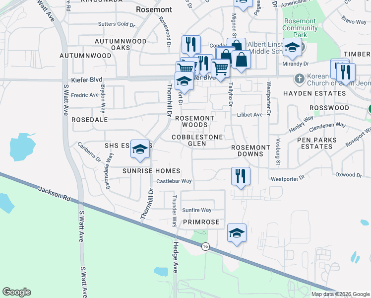 map of restaurants, bars, coffee shops, grocery stores, and more near 4001 Hollygrove Court in Sacramento