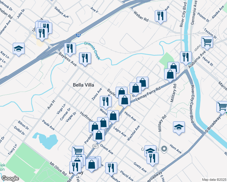 map of restaurants, bars, coffee shops, grocery stores, and more near 3721 Bayless Avenue in St. Louis