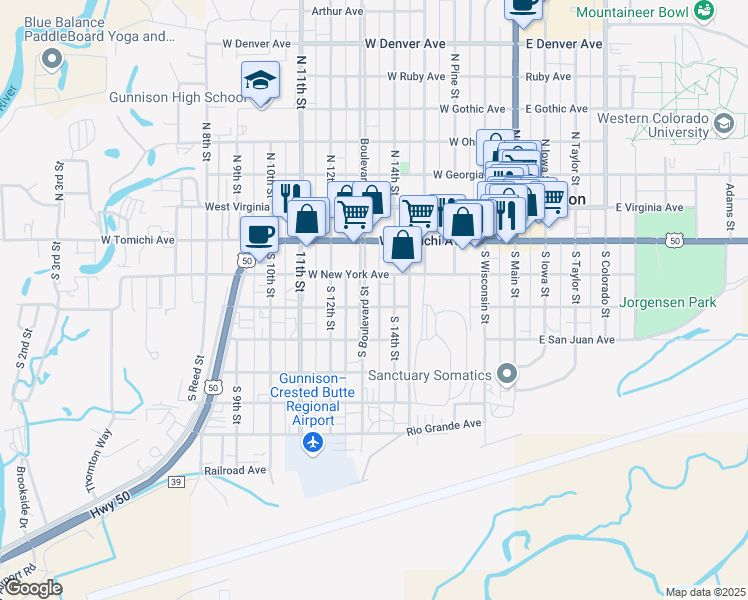 map of restaurants, bars, coffee shops, grocery stores, and more near 514 West Gunnison Avenue in Gunnison