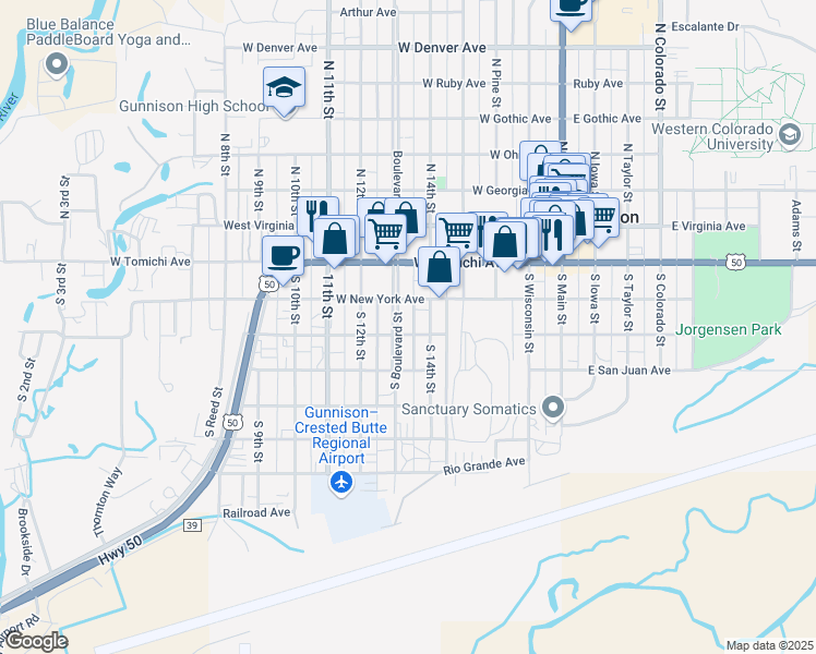 map of restaurants, bars, coffee shops, grocery stores, and more near 514 West Gunnison Avenue in Gunnison