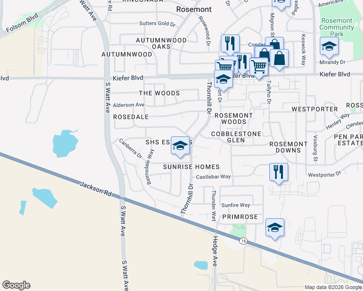 map of restaurants, bars, coffee shops, grocery stores, and more near 9031 Custom Court in Sacramento