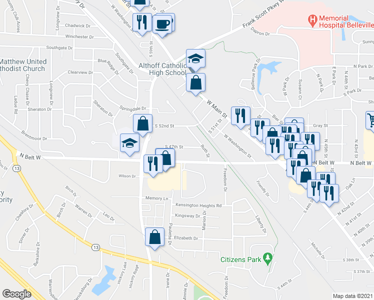 map of restaurants, bars, coffee shops, grocery stores, and more near 400 South 47th Street in Belleville