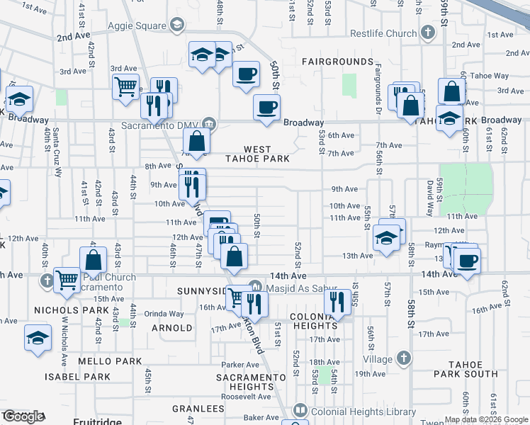 map of restaurants, bars, coffee shops, grocery stores, and more near 5016 10th Avenue in Sacramento
