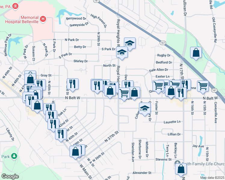 map of restaurants, bars, coffee shops, grocery stores, and more near 628 North 38th Street in Belleville