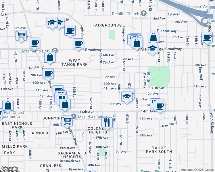 map of restaurants, bars, coffee shops, grocery stores, and more near 5340 10th Avenue in Sacramento