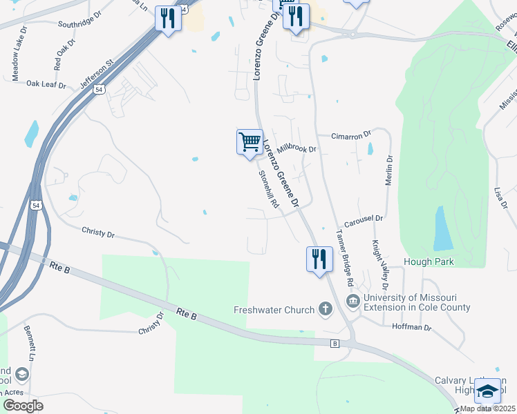 map of restaurants, bars, coffee shops, grocery stores, and more near 825 Weathered Rock Road in Jefferson City
