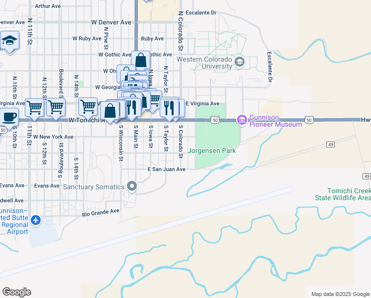 map of restaurants, bars, coffee shops, grocery stores, and more near 214 South Colorado Street in Gunnison