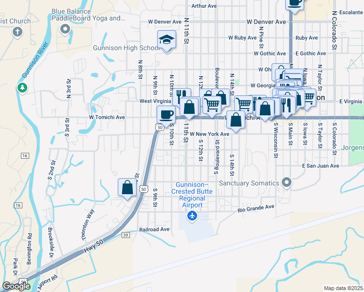 map of restaurants, bars, coffee shops, grocery stores, and more near 219 South 11th Street in Gunnison