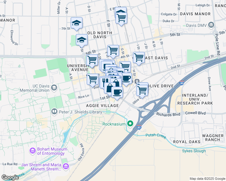 map of restaurants, bars, coffee shops, grocery stores, and more near 116 D Street in Davis