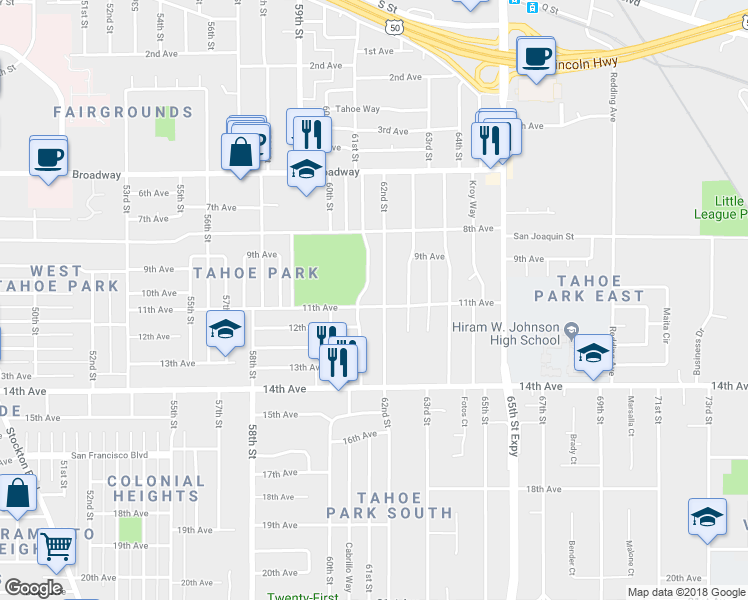 map of restaurants, bars, coffee shops, grocery stores, and more near 6155 11th Avenue in Sacramento