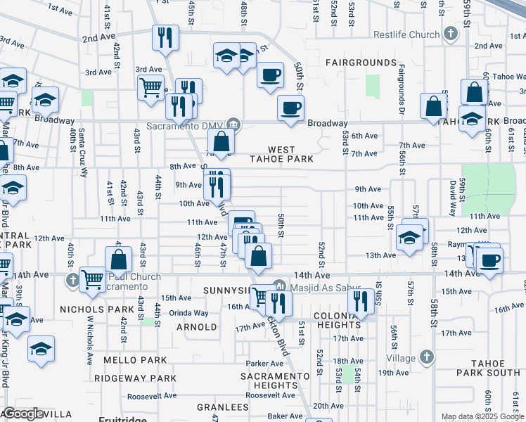 map of restaurants, bars, coffee shops, grocery stores, and more near 4910 10th Avenue in Sacramento