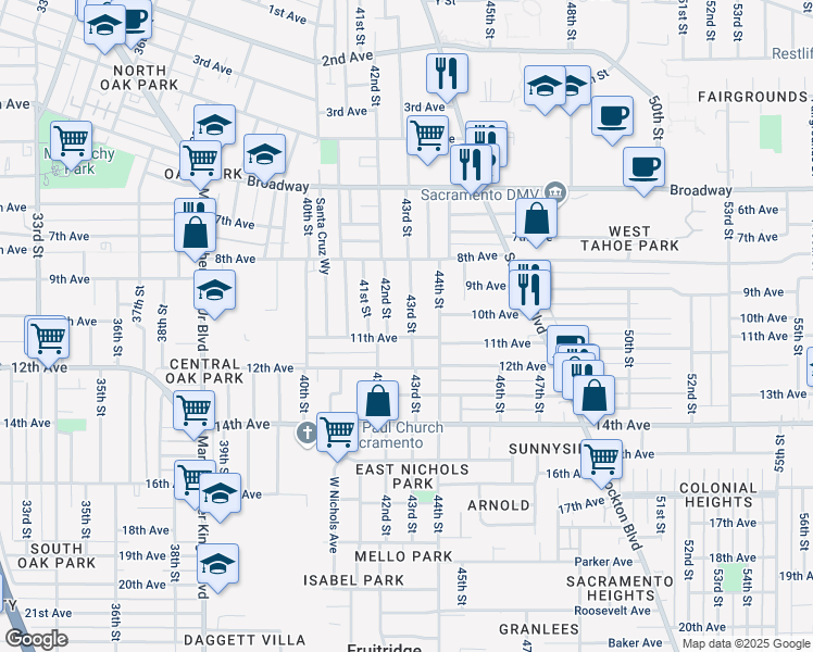 map of restaurants, bars, coffee shops, grocery stores, and more near 3540 43rd Street in Sacramento