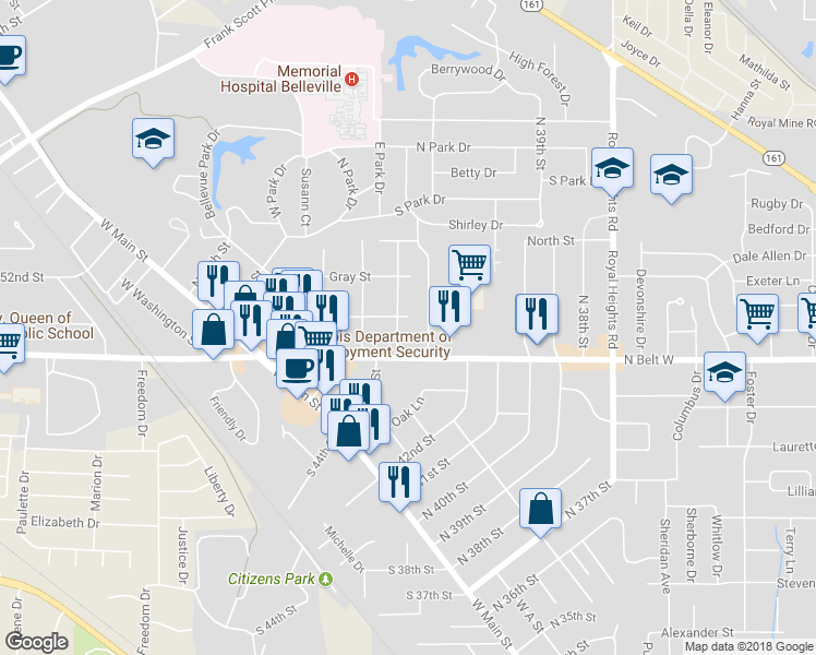 map of restaurants, bars, coffee shops, grocery stores, and more near 122 North 44th Street in Belleville