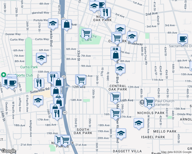 map of restaurants, bars, coffee shops, grocery stores, and more near 3530 10th Avenue in Sacramento