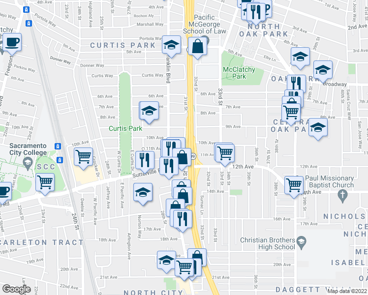 map of restaurants, bars, coffee shops, grocery stores, and more near 3070 10th Avenue in Sacramento