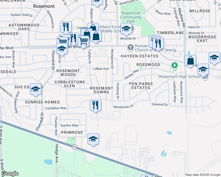 map of restaurants, bars, coffee shops, grocery stores, and more near 4017 Westporter Drive in Sacramento