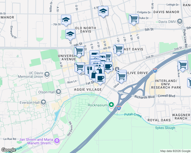 map of restaurants, bars, coffee shops, grocery stores, and more near 116 D Street in Davis