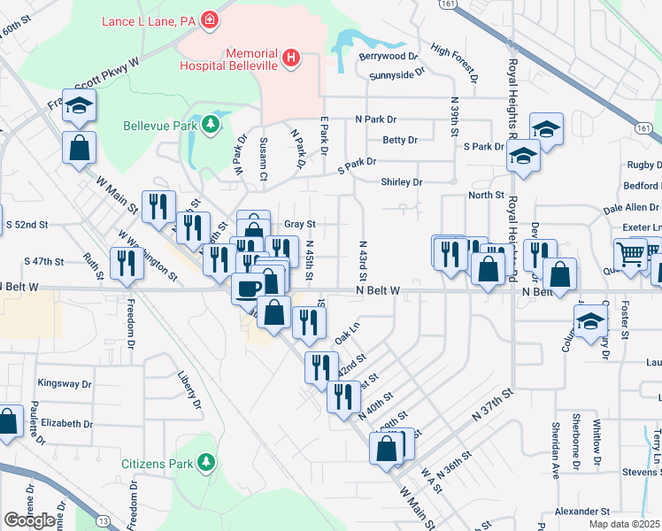 map of restaurants, bars, coffee shops, grocery stores, and more near 122 North 44th Street in Belleville