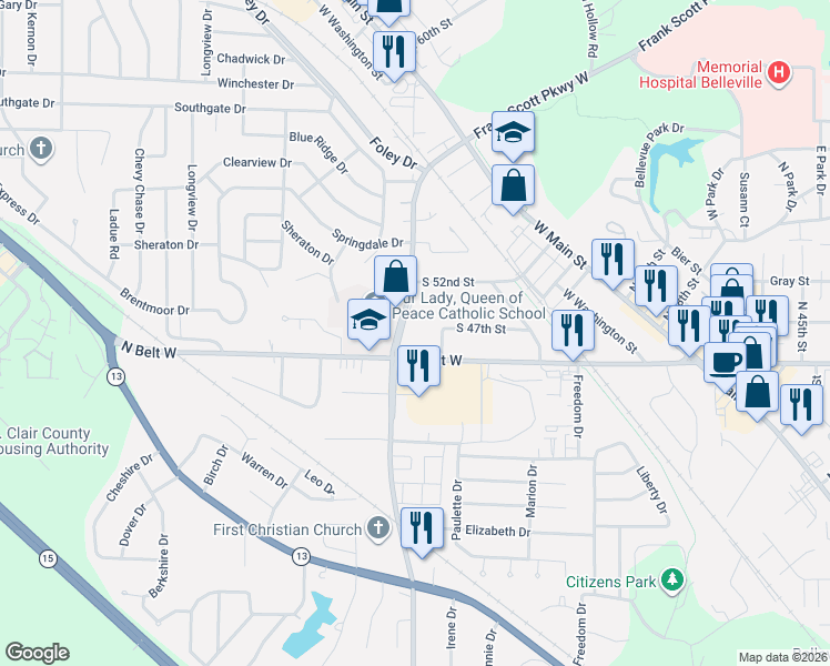 map of restaurants, bars, coffee shops, grocery stores, and more near 2552 Frank Scott Parkway West in Belleville