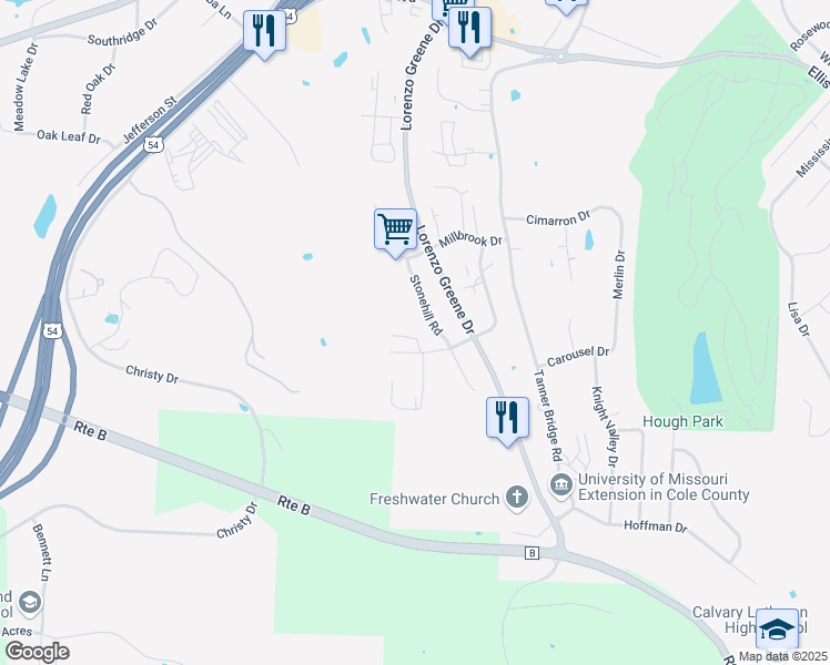 map of restaurants, bars, coffee shops, grocery stores, and more near 825 Weathered Rock Road in Jefferson City
