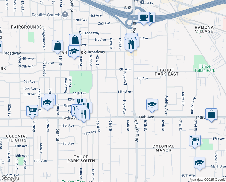 map of restaurants, bars, coffee shops, grocery stores, and more near 6351 11th Avenue in Sacramento