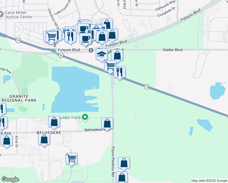 map of restaurants, bars, coffee shops, grocery stores, and more near 8501 Florin Perkins Road in Sacramento