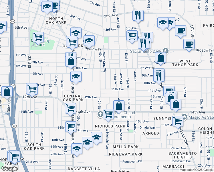 map of restaurants, bars, coffee shops, grocery stores, and more near 3531 Santa Cruz Way in Sacramento