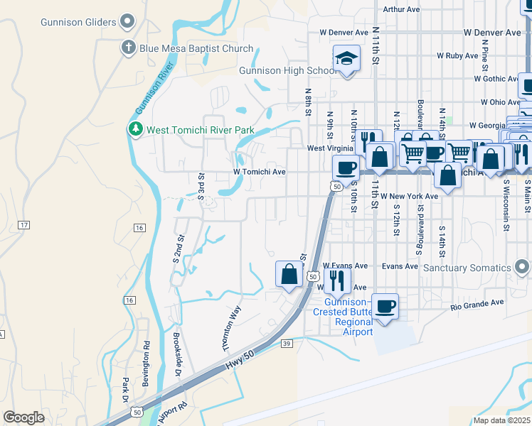 map of restaurants, bars, coffee shops, grocery stores, and more near 356-398 South 6th Street in Gunnison