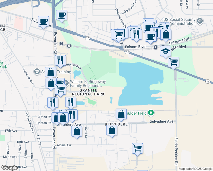 map of restaurants, bars, coffee shops, grocery stores, and more near 8251 Ramona Avenue in Sacramento