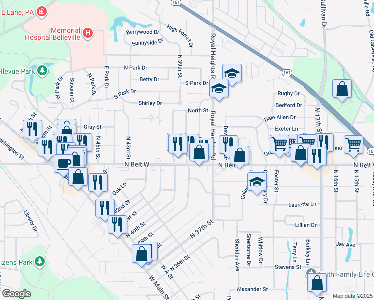 map of restaurants, bars, coffee shops, grocery stores, and more near 624 North 39th Street in Belleville