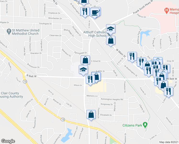 map of restaurants, bars, coffee shops, grocery stores, and more near 2552 Frank Scott Parkway West in Belleville